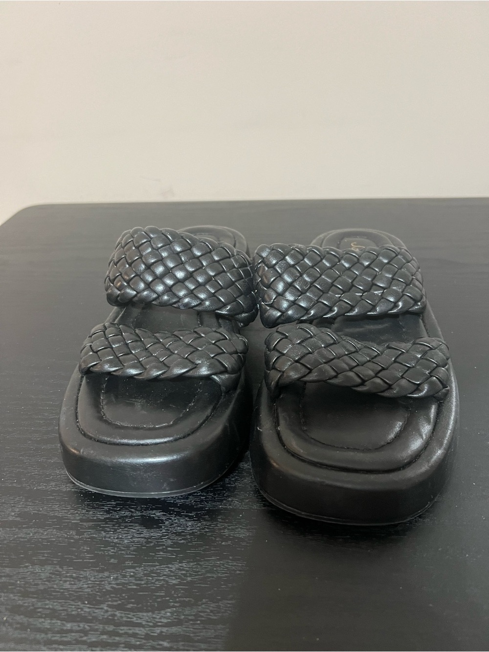 Woven Double-Strap Black Leather Sandal